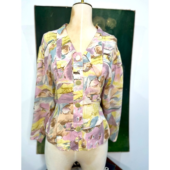 Watercolor Edwardian pink blue 80s  large collar button long sleeve blouse - Picture 10 of 12